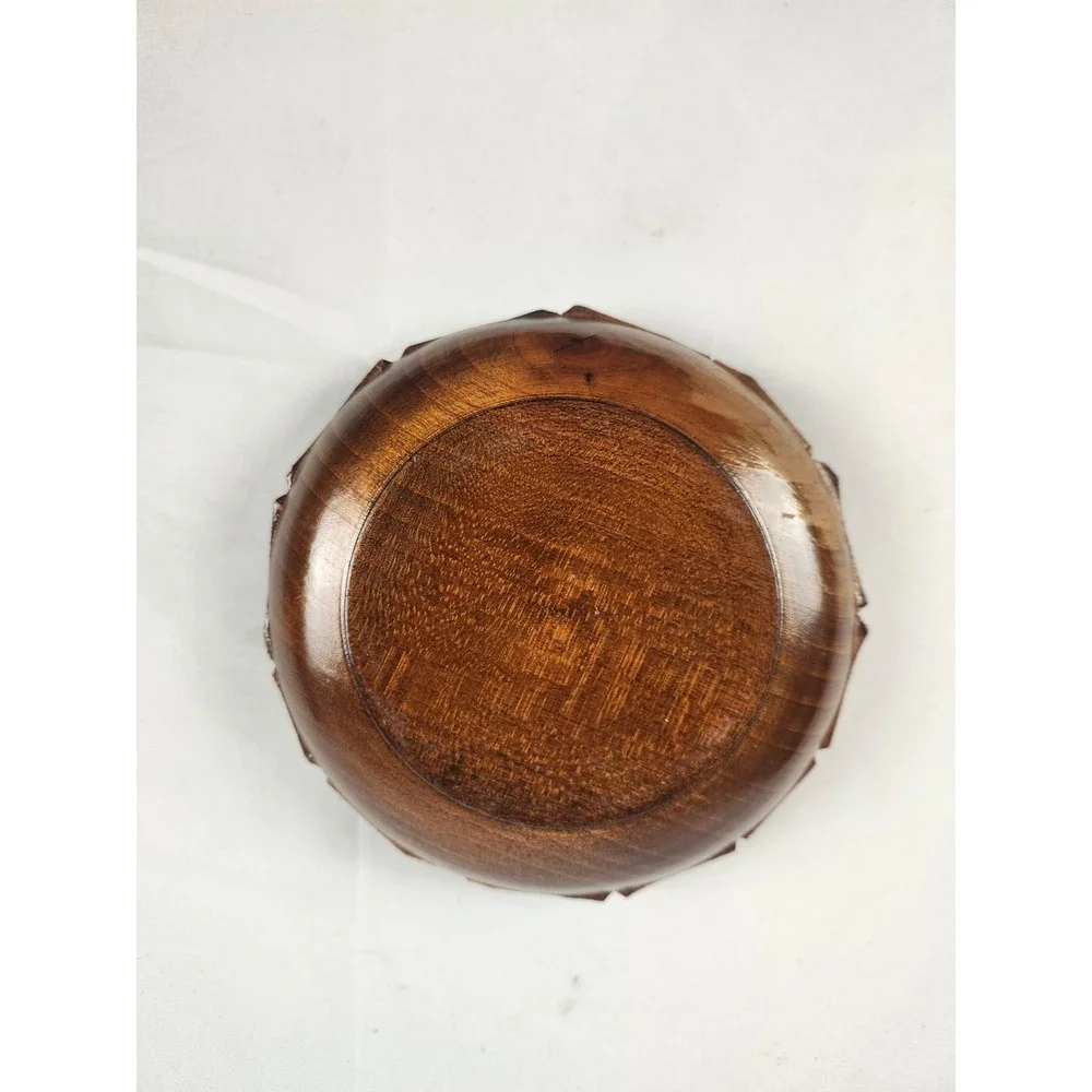 Vintage Hand Carved Wood Trinket Box Floral Lidded Jewelry Keepsake Round Bowl